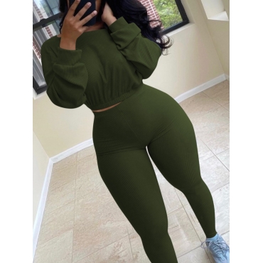 

LW Round Neck Crop Top Pants Set, Army green