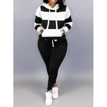 

LW Plus Size Hooded Collar Striped Tracksuit Set, Black