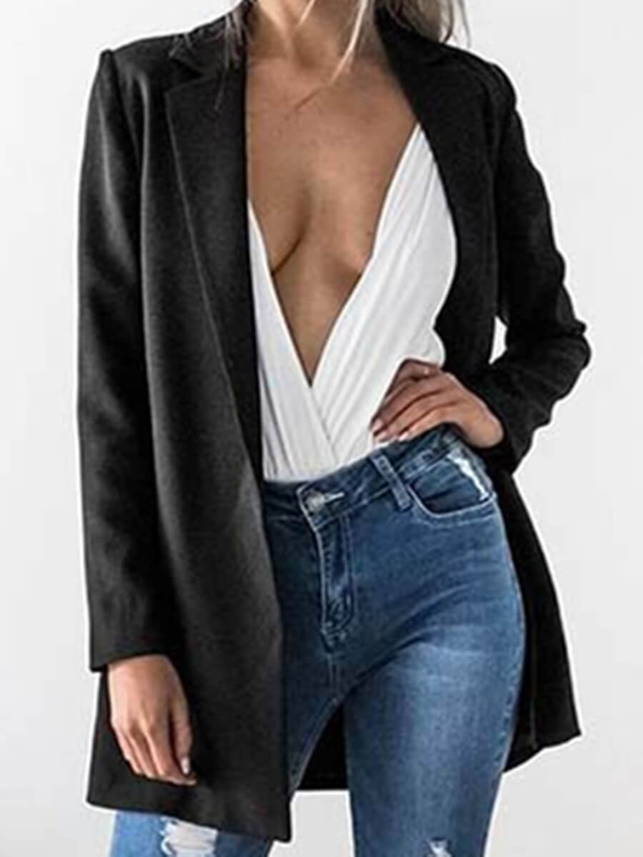 

Lovely Leisure Turn-back Collar Basic Black Blazer