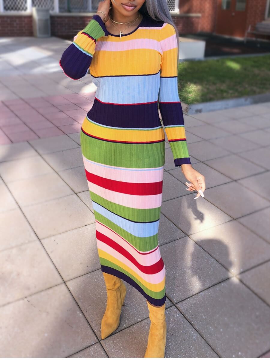 

Lovely Casual O Neck Rainbow Striped Yellow Ankle Length Dress