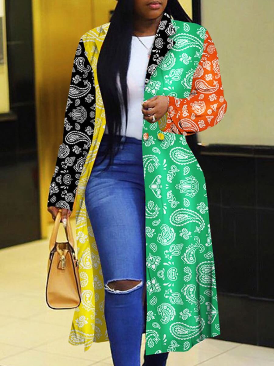 

Lovely Stylish Turndown Collar Print Patchwork Multicolor Trench Coat, Multi