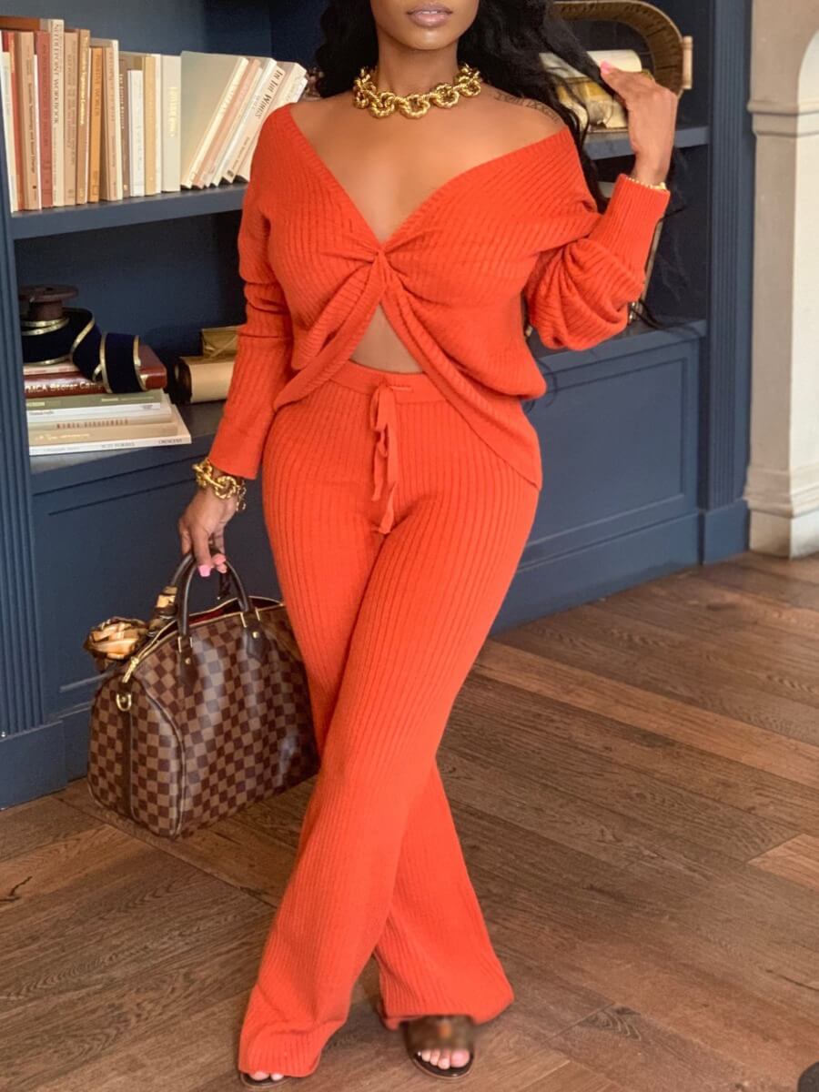

Lovely Street V Neck Knot Design Jacinth Two Piece Pants Set
