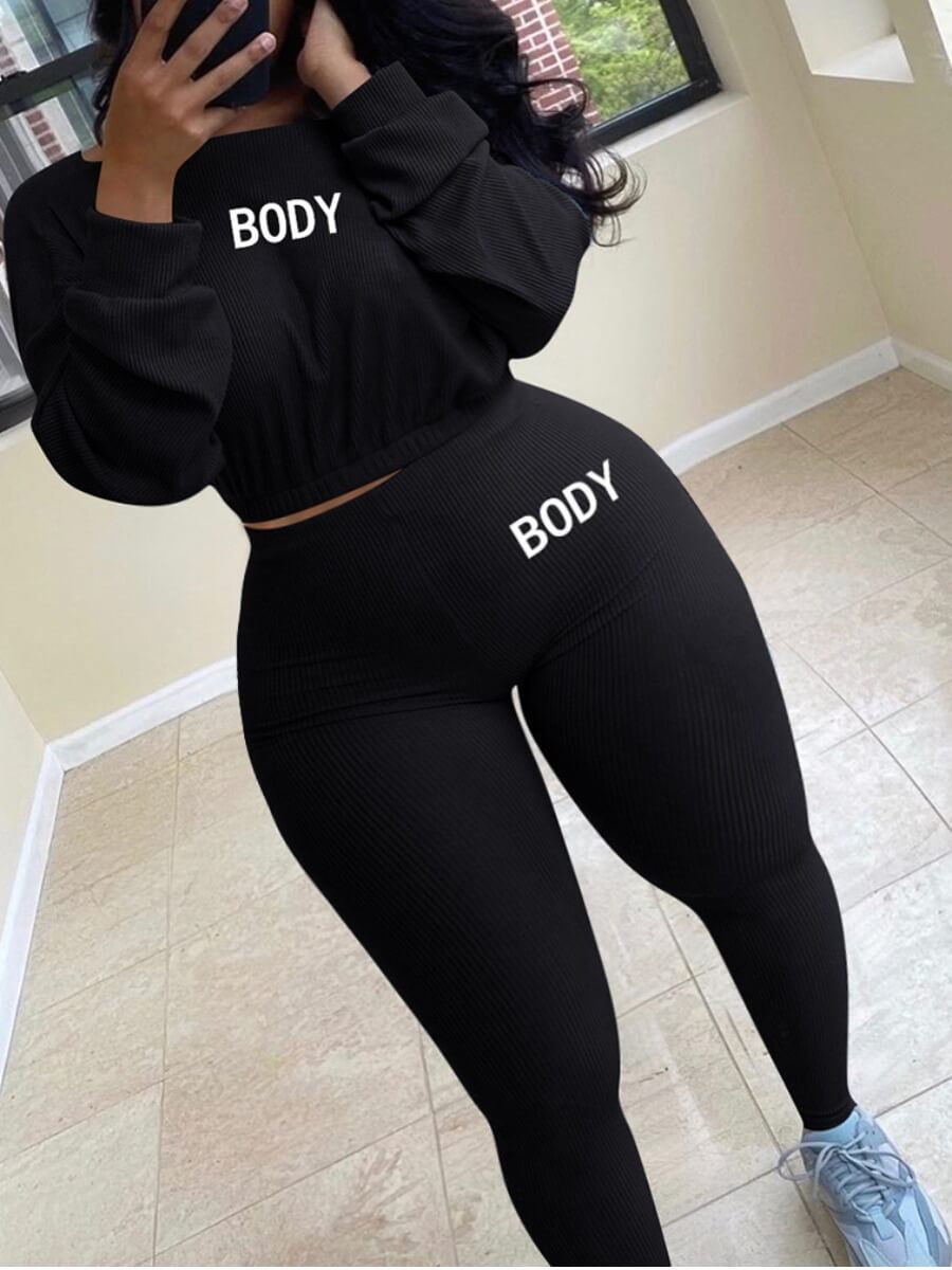 

Lovely Casual O Neck Letter Print Black Plus Size Two-piece Pants Set