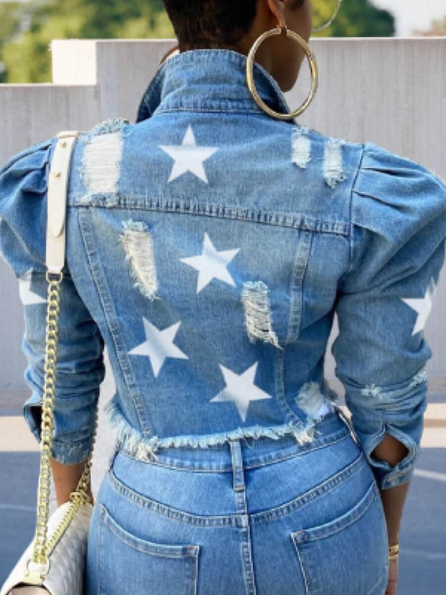 

Lovely Street Turndown Collar Pentagram Print Baby Blue Denim Jacket