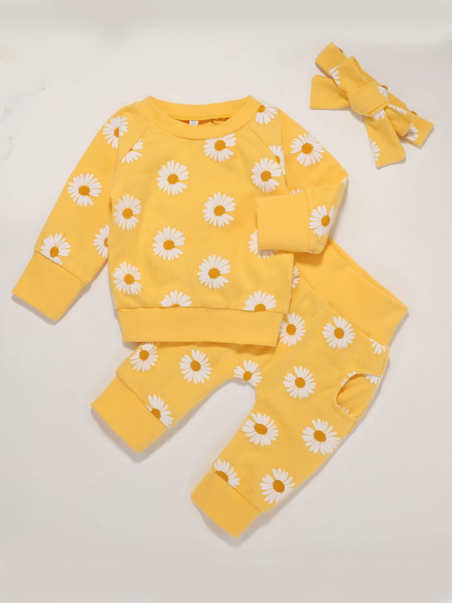 

Lovely Leisure O Neck Floral Print Yellow Girl Two-piece Pants Set