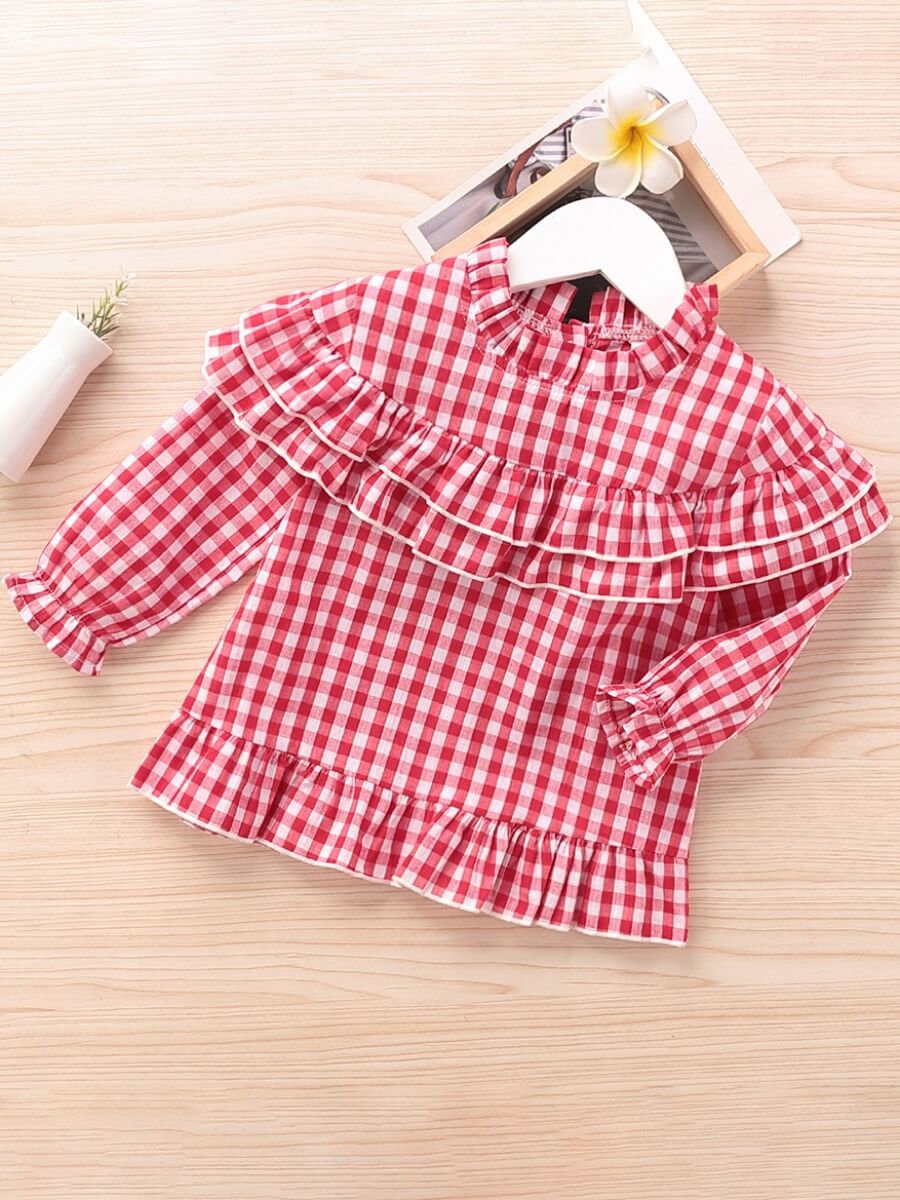 

Lovely Sweet O Neck Grid Print Flounce Design Red And White Girl Blouse, Red and white square