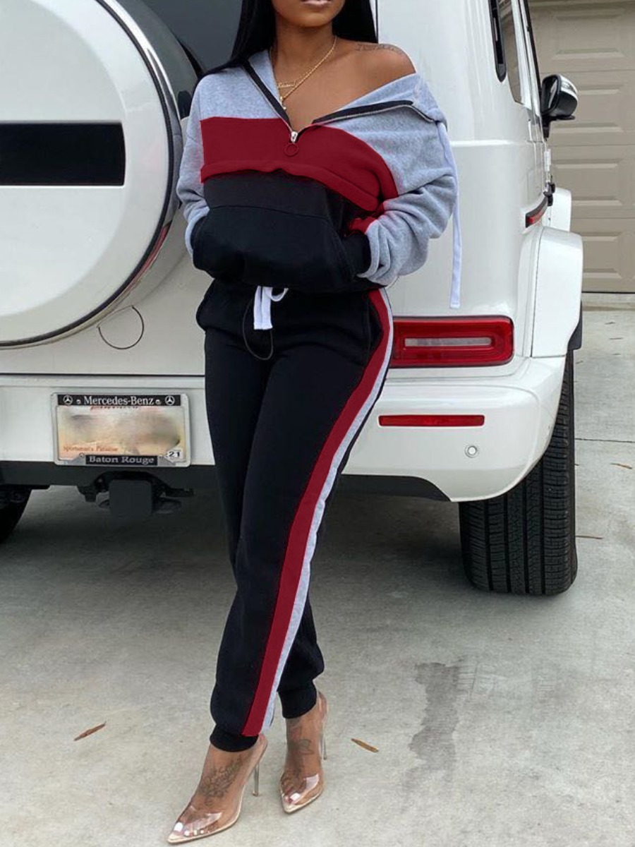 

Lovely Sportswear Patchwork Zipper Design Wine Red Two Piece Pants Set