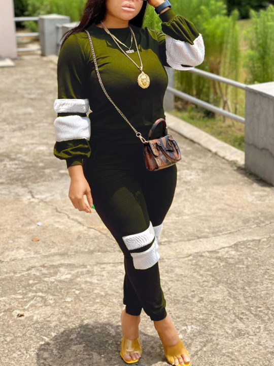 

lovely Sportswear O Neck Patchwork Green Plus Size Two-piece Pants Set