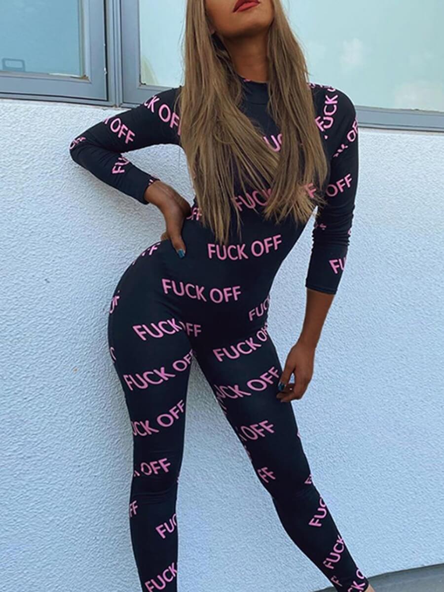 

Lovely Sportswear Letter Print Skinny Black One-piece Jumpsuit