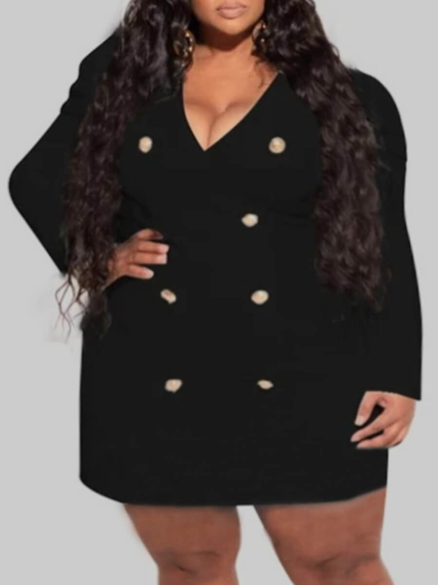 

Lovely Casual V Neck Buttons Design Black Mini Plus Size Dress