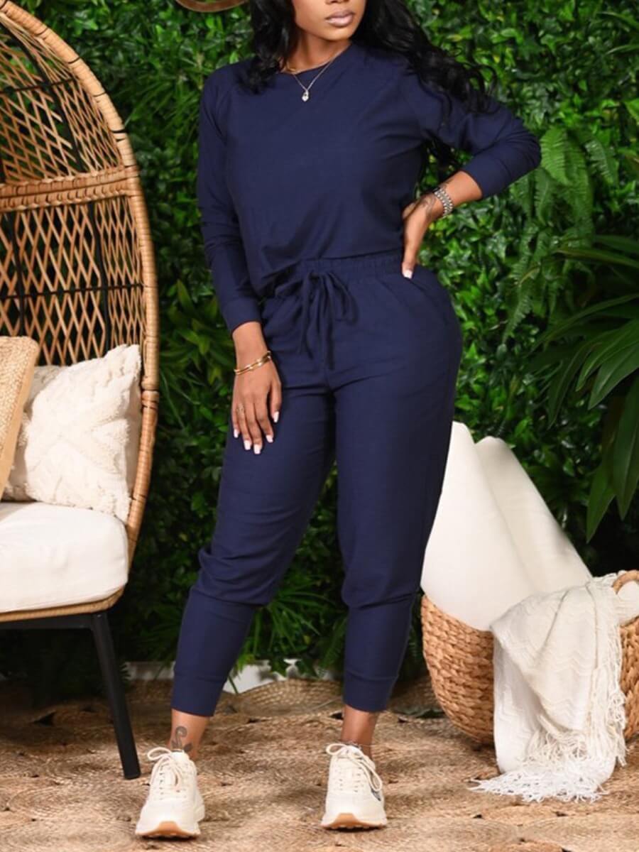 

Lovely Leisure O Neck Drawstring Blue Two Piece Pants Set