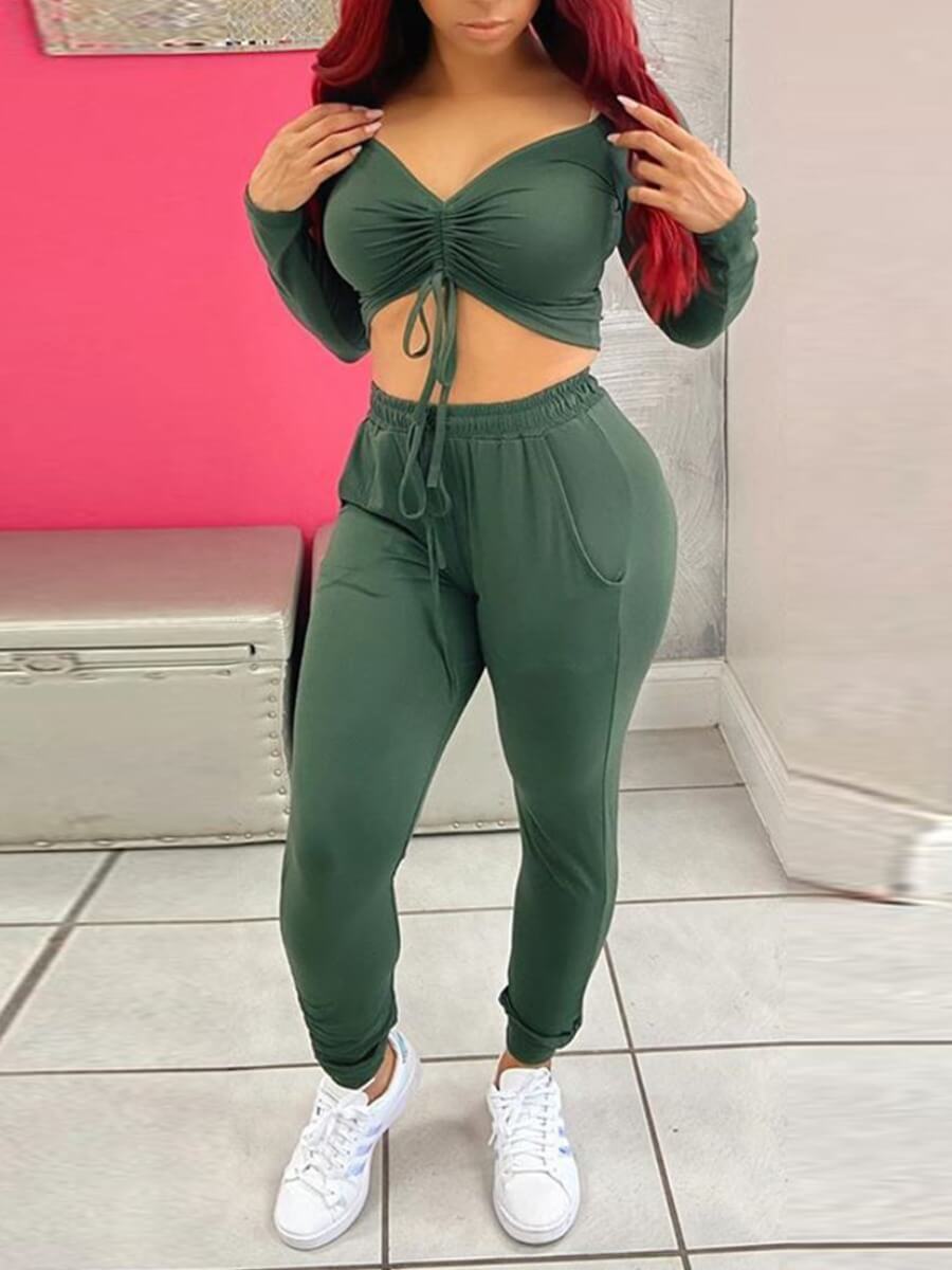 

Lovely Stylish V Neck Fold Design Green Two Piece Pants Set