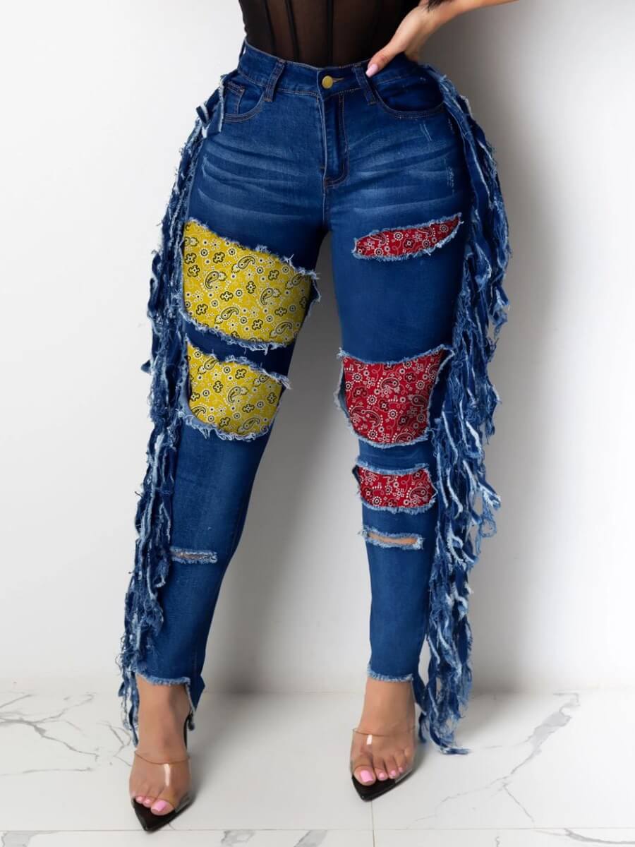 Lovely Street Patchwork Tassel Design Deep Blue Jeans