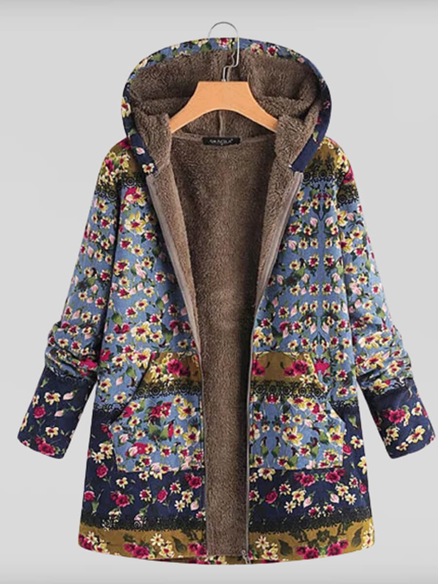 

Lovely Casual Hooded Collar Floral Print Blue Coat