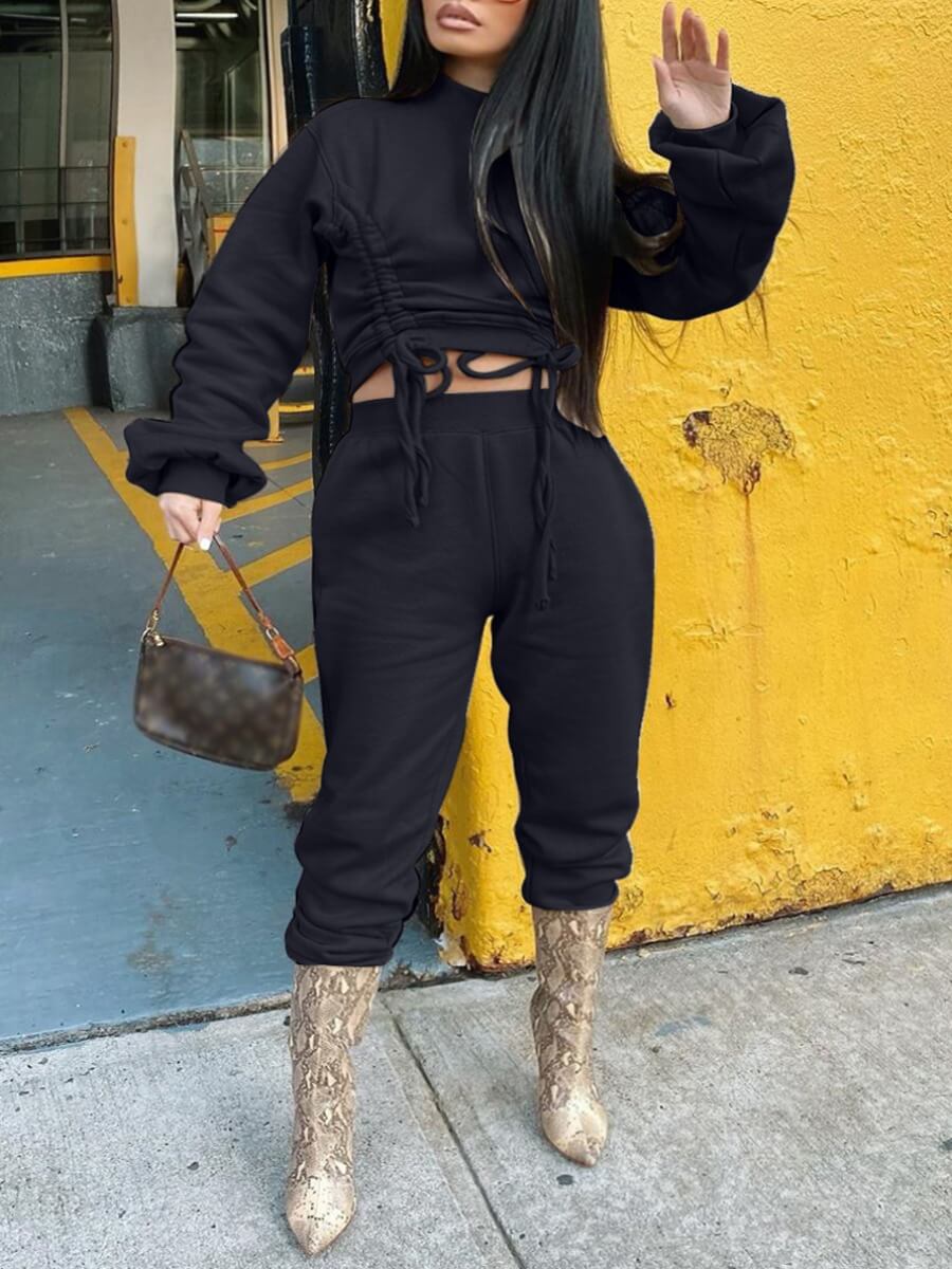 

Lovely Casual Turtleneck Drawstring Black Two Piece Pants Set