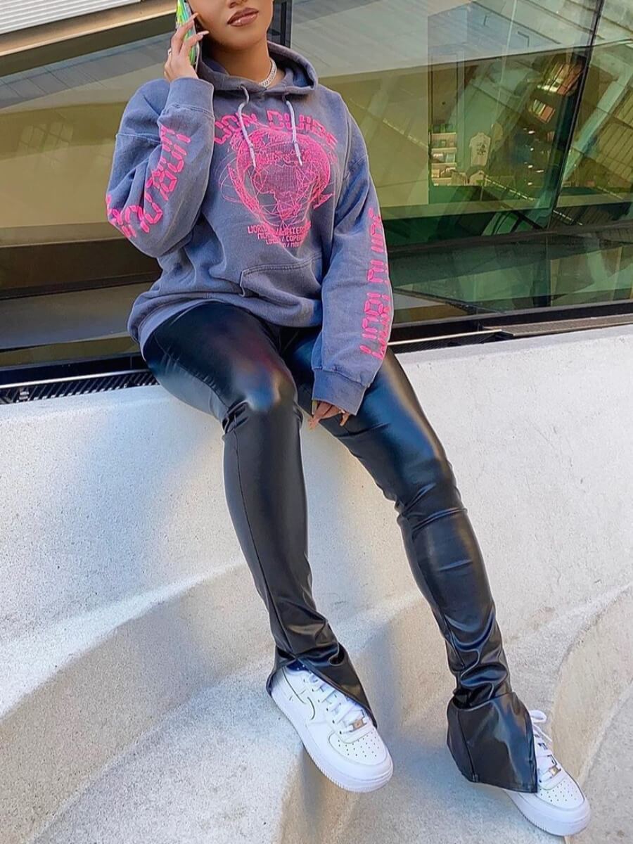 

Lovely Street Hooded Collar Print Grey Two Piece Pants Set