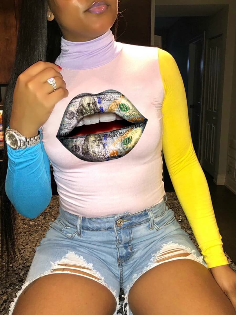 

LW Turtleneck Lip Print Patchwork T-shirt, Multi