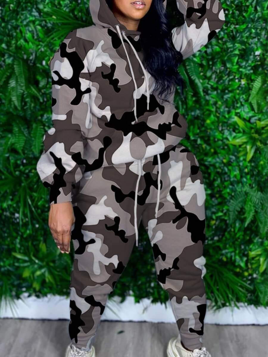 

Lovely Stylish Hooded Collar Camo Print Grey Plus Size Two-piece Pants Set