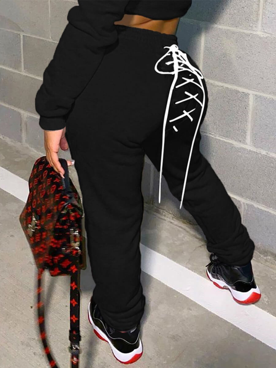 

LW Casual Bandage Design Black Pants