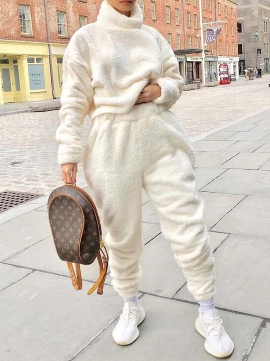 

Lovely Casual Turtleneck Basic White Plus Size Two-piece Pants Set
