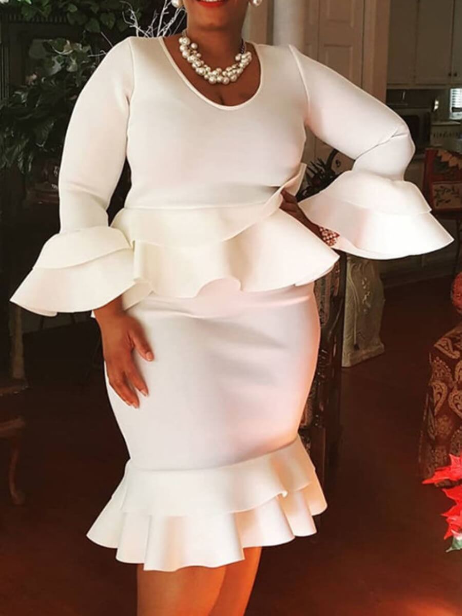

Lovely Casual O Neck Flounce Design White Knee Length Plus Size Dress