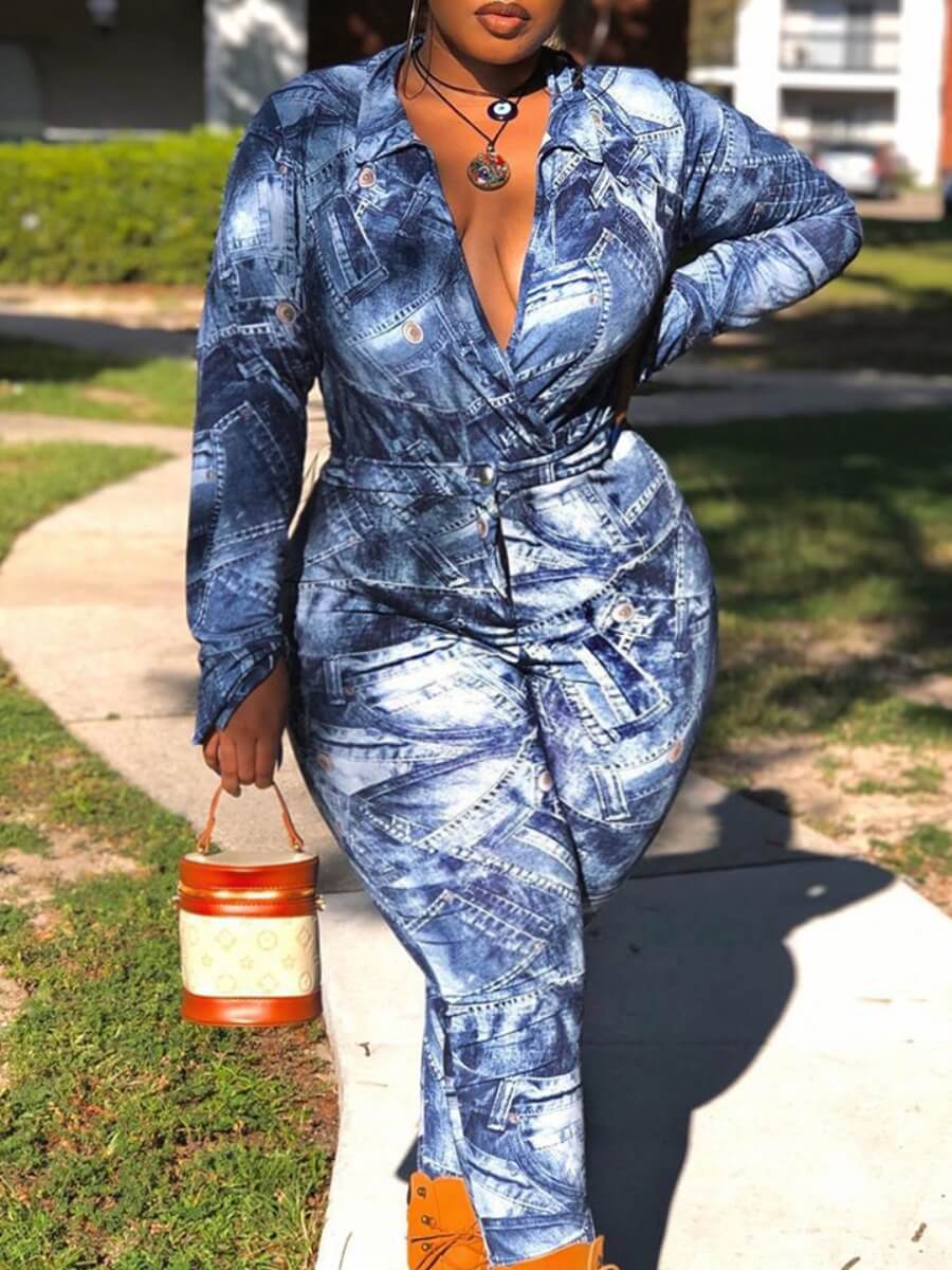 

Lovely Stylish Print Skinny Blue Plus Size One-piece Jumpsuit