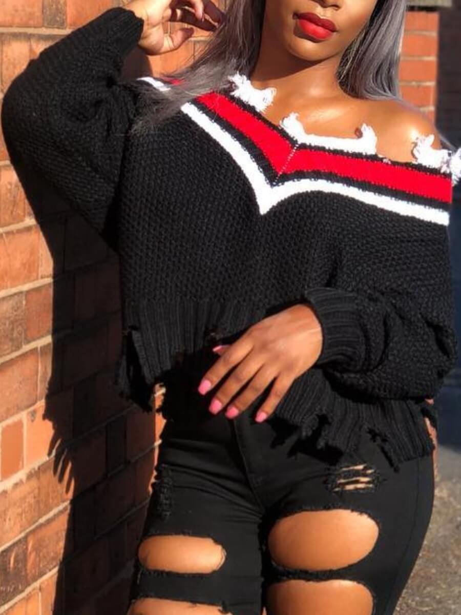 

Lovely Casual V Neck Patchwork Black Sweater