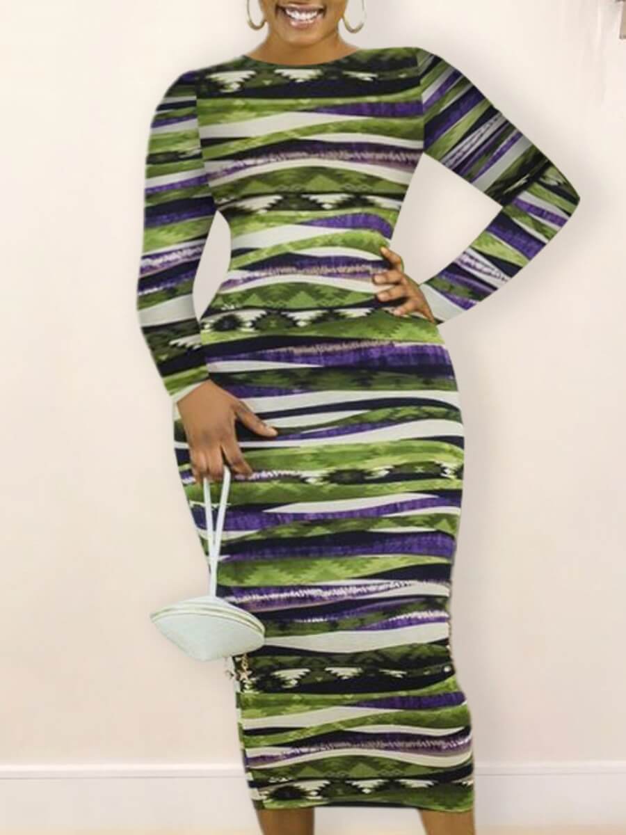

Lovely Stylish O Neck Tie-dye Green Mid Calf Dress