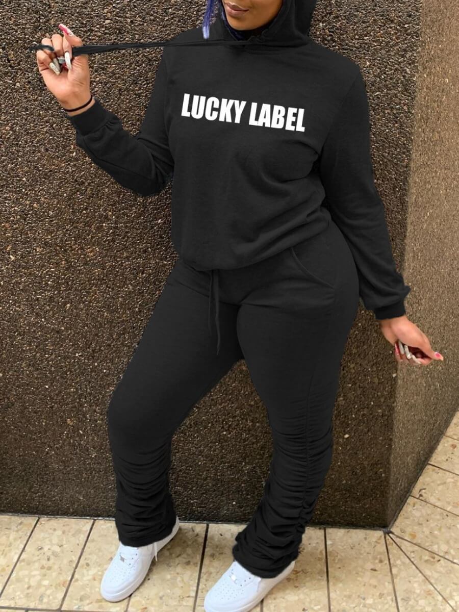 

Lovely Casual Hooded Collar Letter Print Black Two Piece Pants Set
