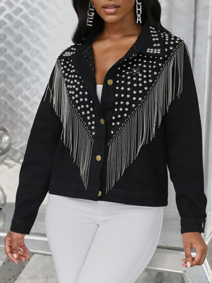 

Lovely Street Turndown Collar Tassel Design Patchwork Black Denim Jacket