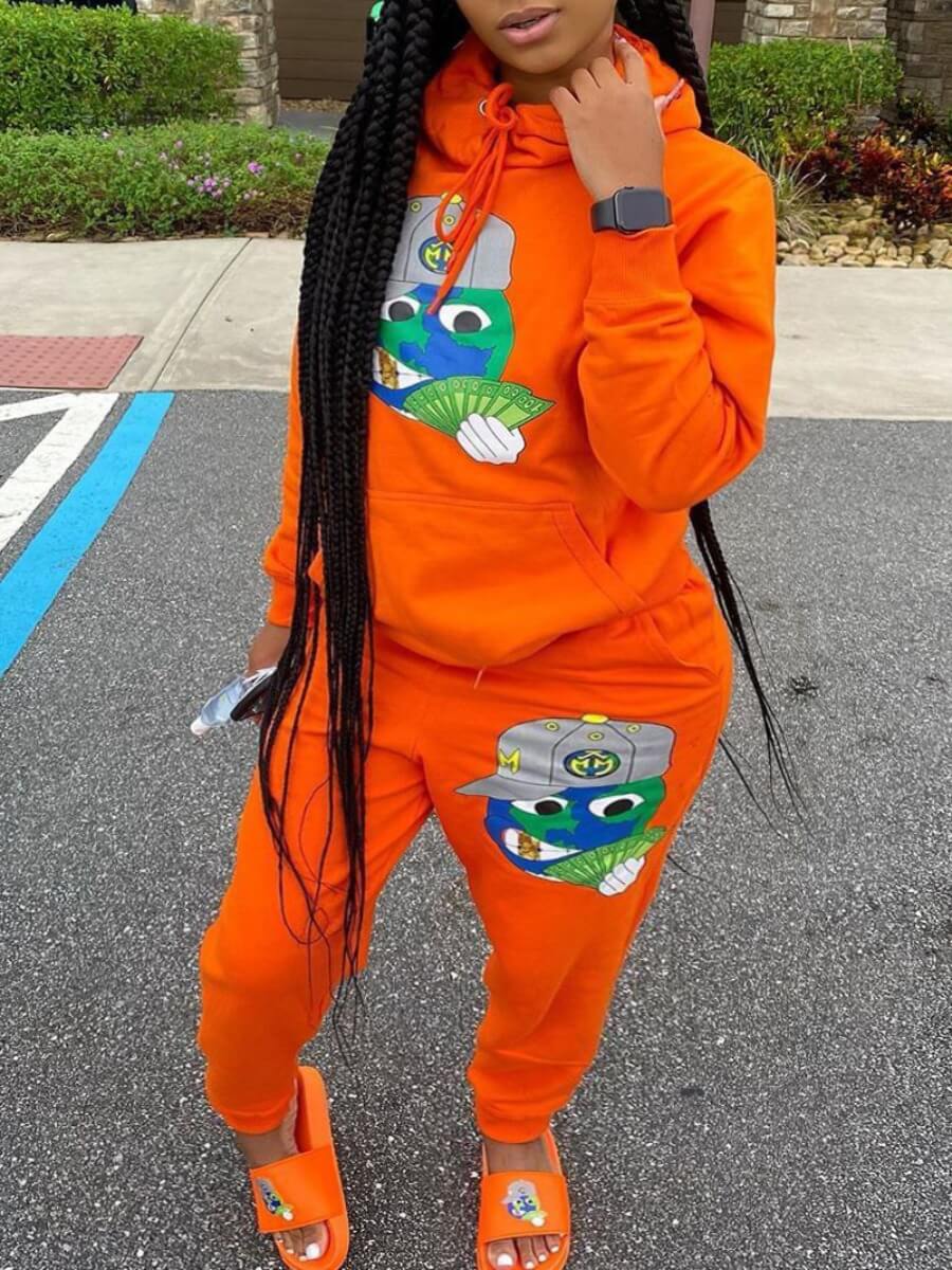 

Lovely Casual Hooded Collar Cartoon Print Jacinth Two Piece Pants Set