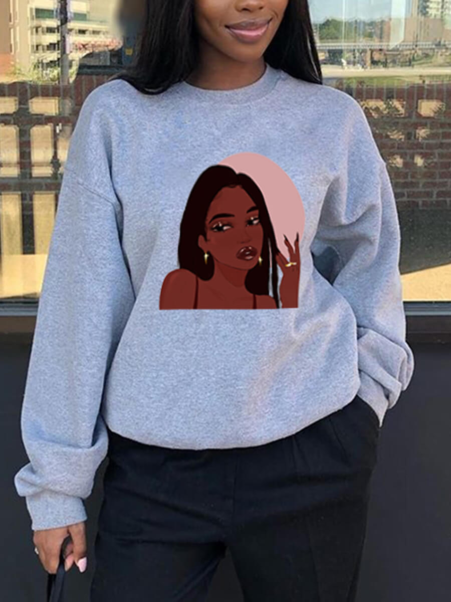 

Lovely Leisure O Neck Print Grey Hoodie