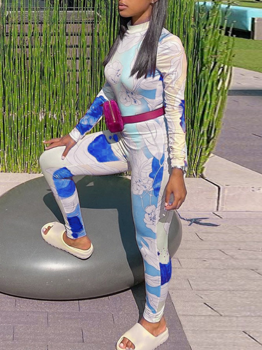 

Lovely Stylish Half A Turtleneck Print Skinny Blue One-piece Jumpsuit