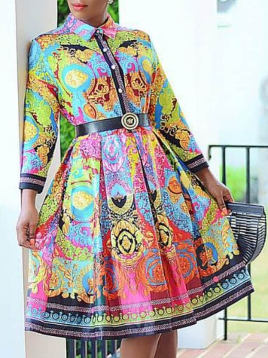 

Lovely Sweet Turndown Collar Print Multicolor Knee Length Dress, Multi