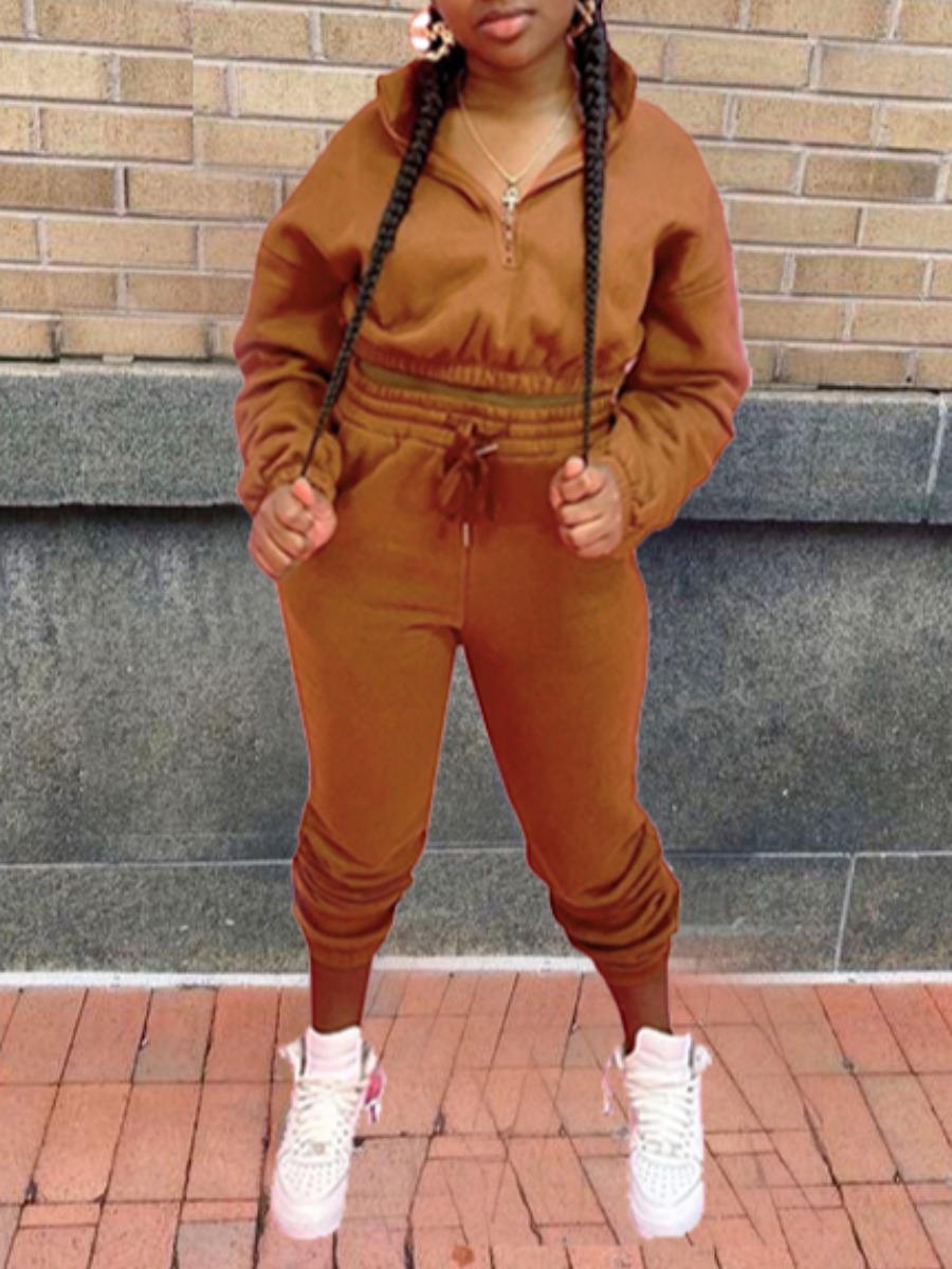 

Lovely Casual Turndown Collar Zipper Design Brown Two Piece Pants Set