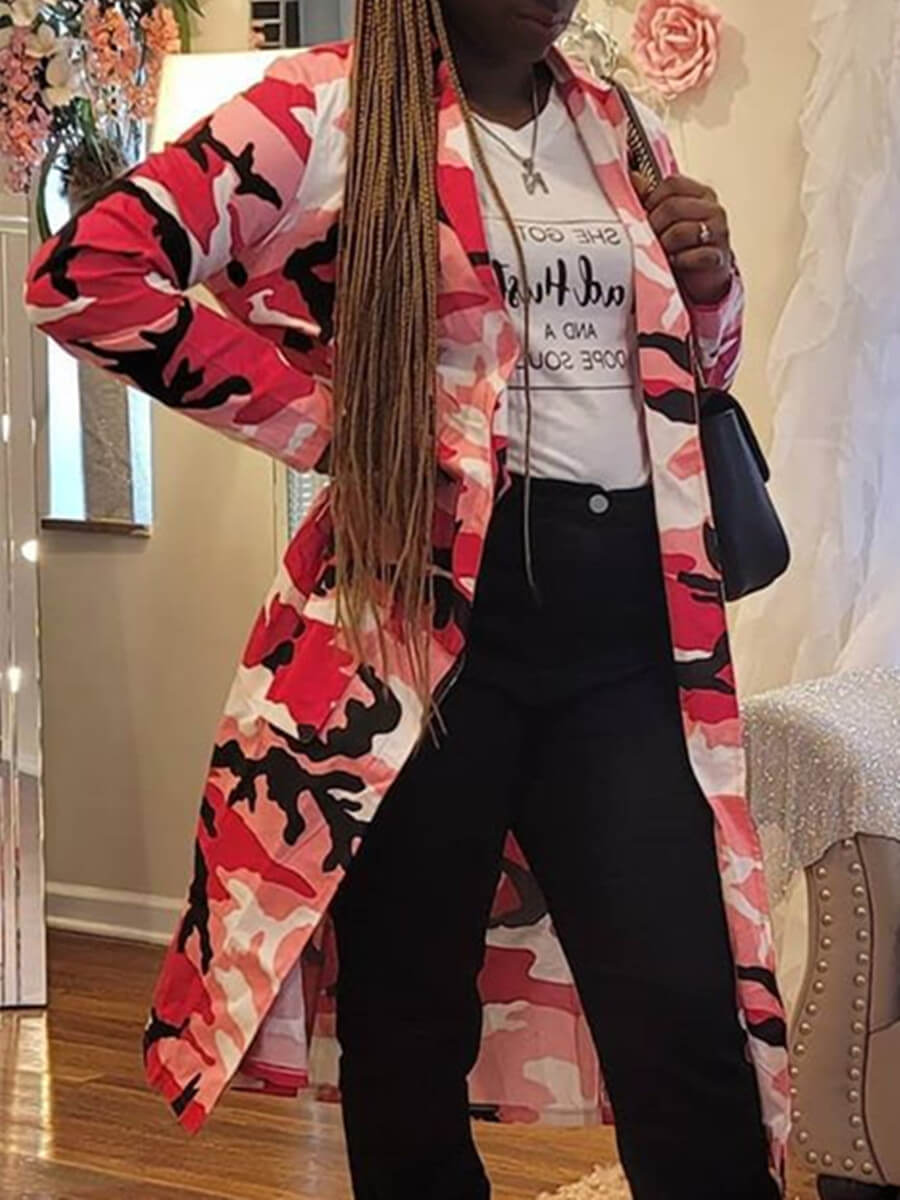 

Lovely Trendy Turndown Collar Camo Print Long Trench Coat