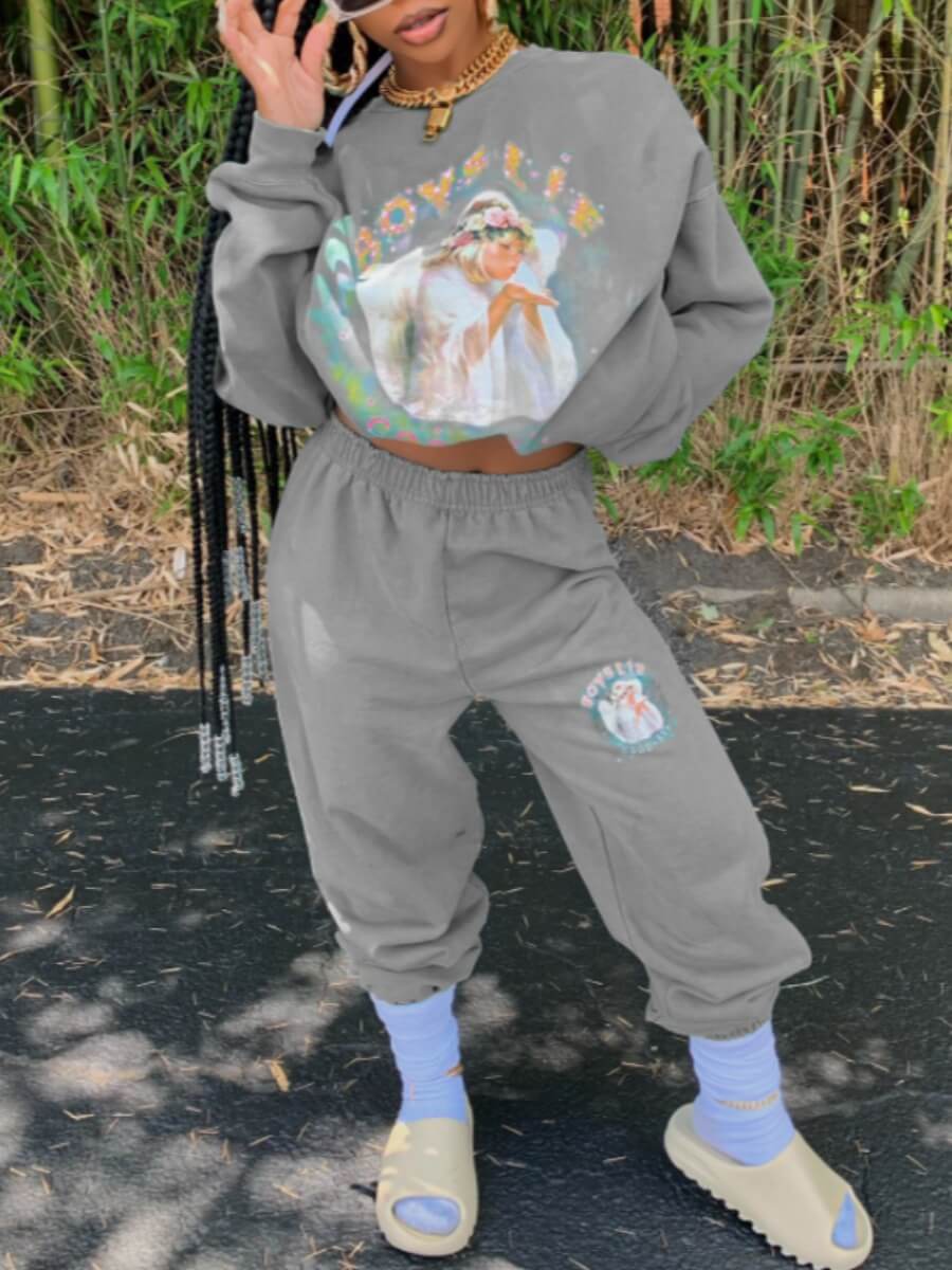 

Lovely Casual O Neck Print Grey Two Piece Pants Set