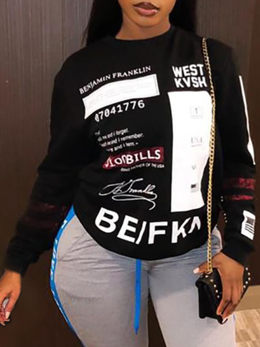 

LW Round Neck Letter Print Sweatshirt, Black