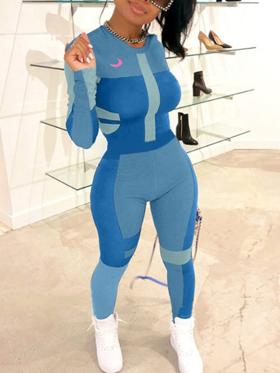 

Lovely Sportswear O Neck Patchwork Blue One-piece Jumpsuit