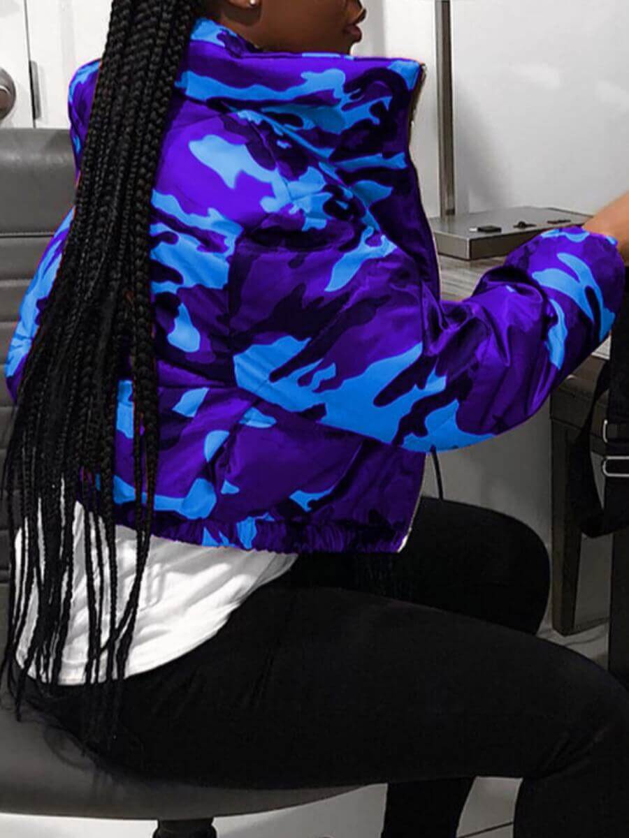 

Lovely Casual Turndown Collar Camo Print Blue Parka