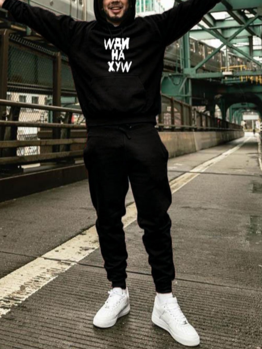 

Lovely Casual Hooded Collar Letter Print Black Men Two-piece Pants Set