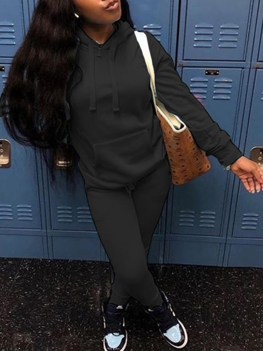 

Lovely Casual Hooded Collar Basic Black Two Piece Pants Set