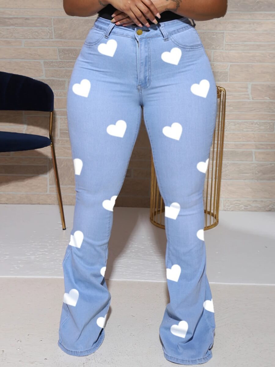 

Lovely Casual Heart Print Baby Blue Plus Size Jeans