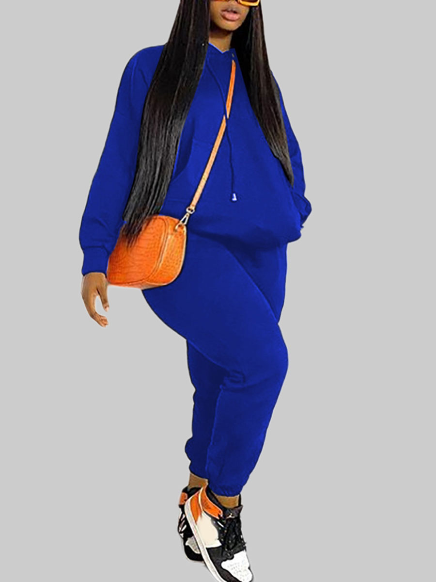 

Lovely Sportswear Hooded Collar Basic Blue Plus Size Two-piece Pants Set