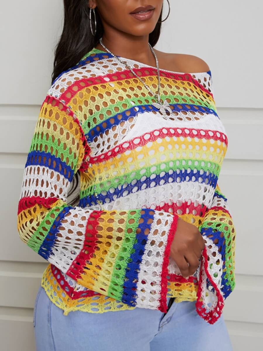 

Lovely Trendy O Neck Hollow-out Rainbow Striped Multicolor Sweater, Multi