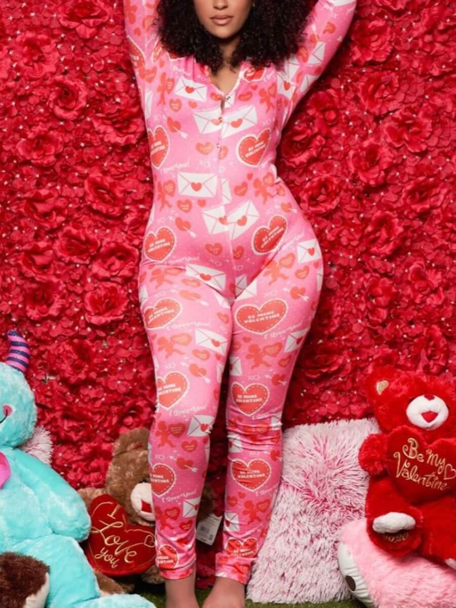 

lovely Stylish Heart Print Skinny Pink One-piece Jumpsuit