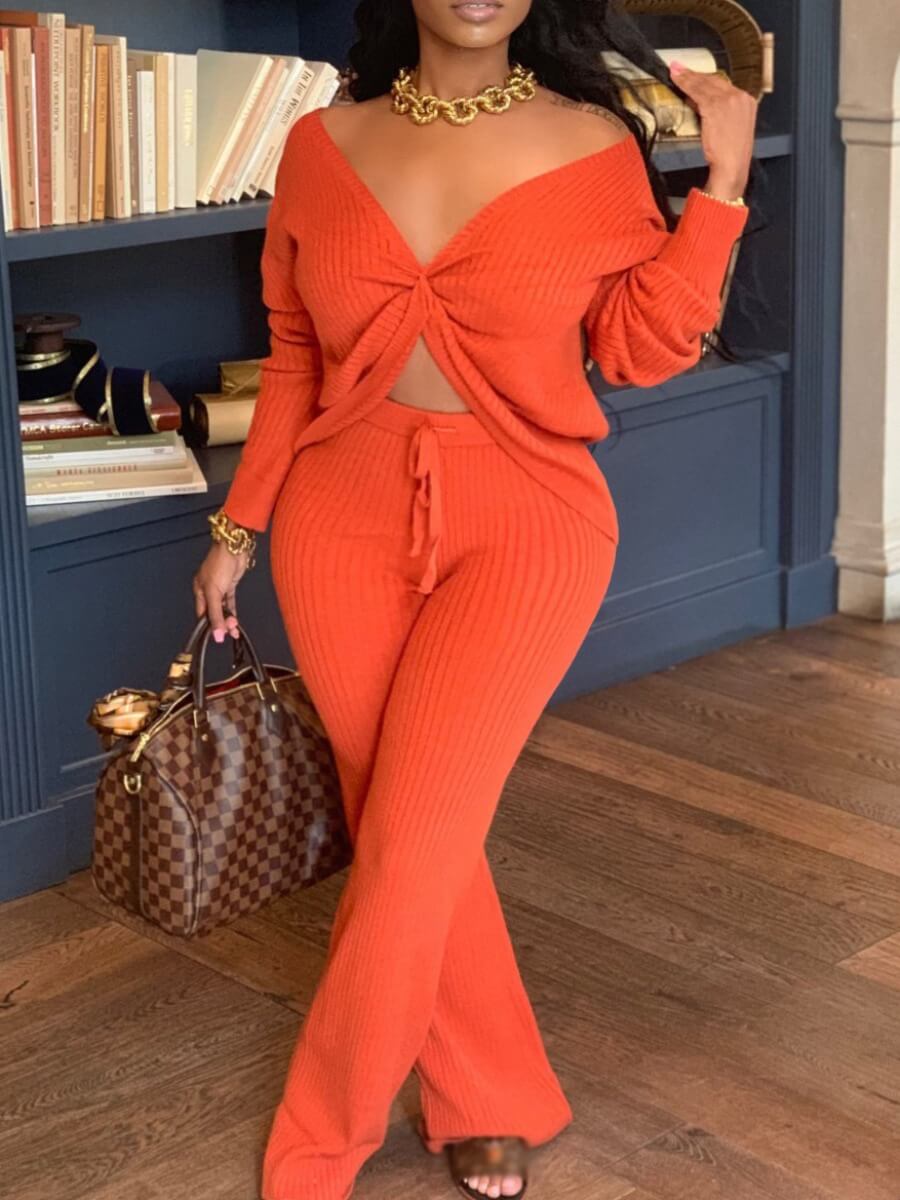 

Lovely Stylish V Neck Knot Design Croci Plus Size Two-piece Pants Set