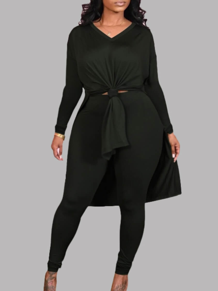 

Lovely Casual V Neck Side Slit Black Plus Size Two-piece Pants Set