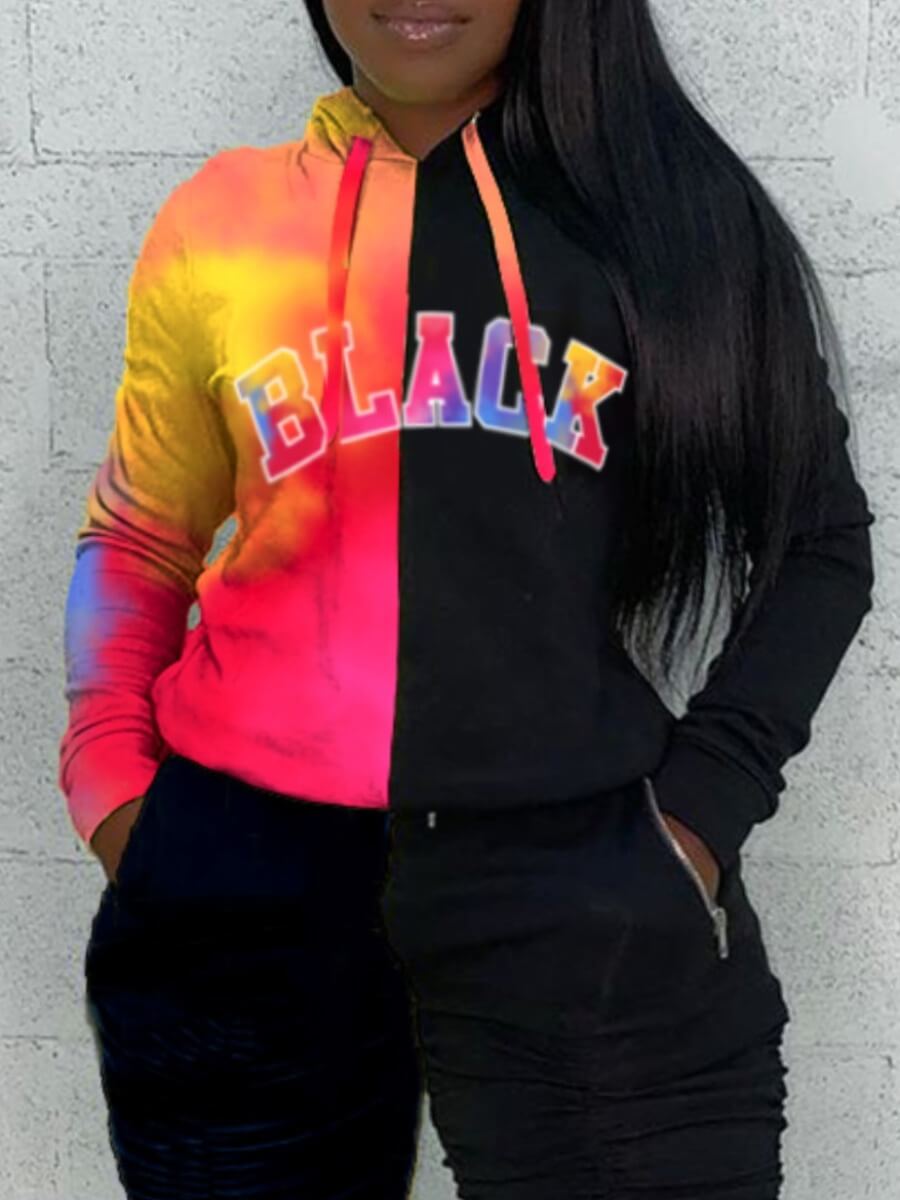 

Lovely Casual O Neck Letter Print Patchwork Black Plus Size Hoodie