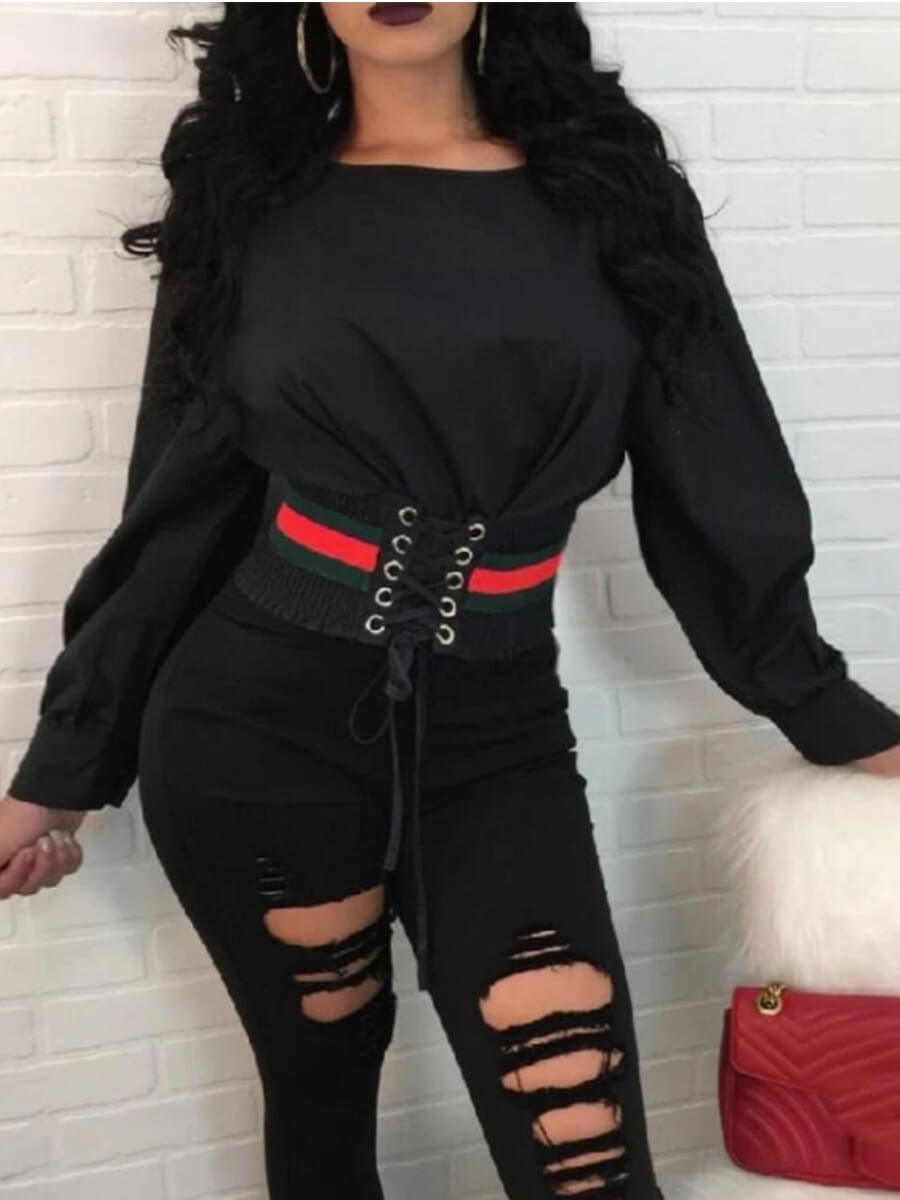 

Lovely Stylish O Neck Bandage Design Black Blouse